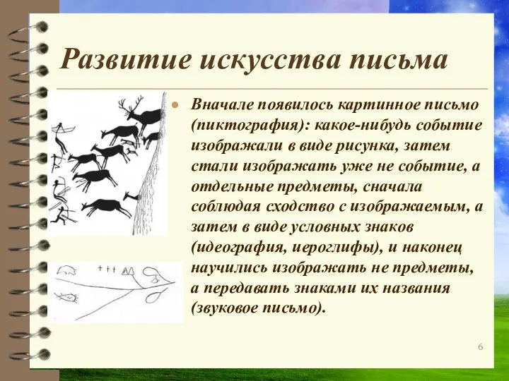 Развитие искусства письма Вначале появилось картинное письмо (пиктография): какое-нибудь событие изображали