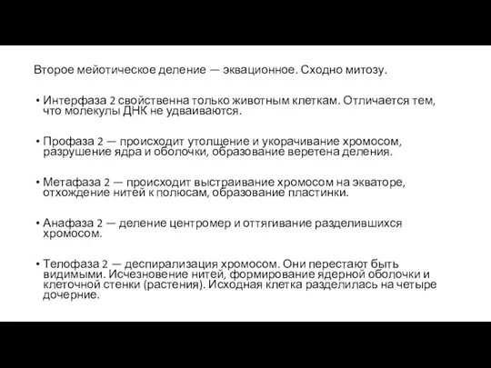 Второе мейотическое деление — эквационное. Сходно митозу. Интерфаза 2 свойственна только