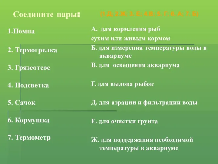 Соедините пары: 1.Помпа 2. Термогрелка 3. Грязеотсос 4. Подсветка 5. Сачок