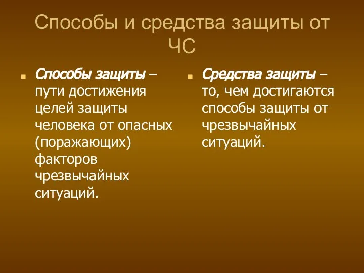 Способы и средства защиты от ЧС Способы защиты – пути достижения