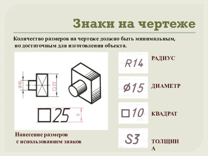 Знаки на чертеже Количество размеров на чертеже должно быть минимальным, но