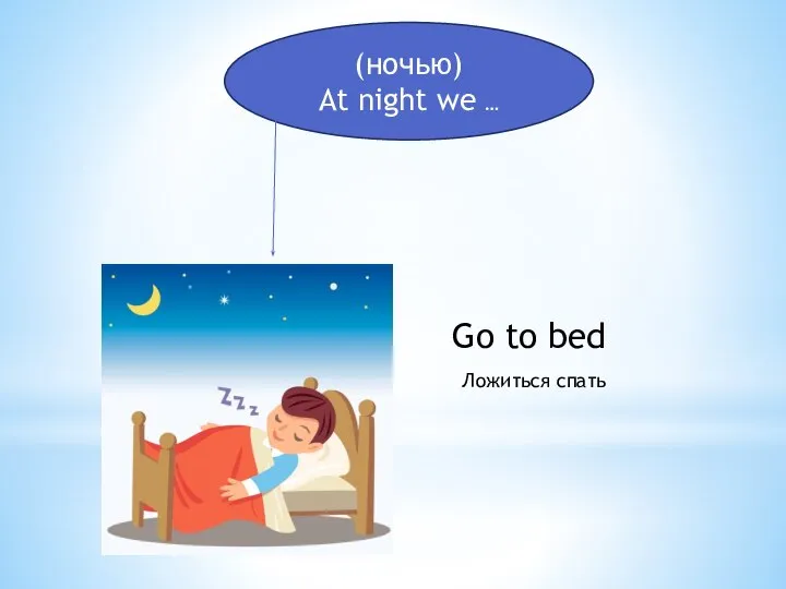 (ночью) At night we … Go to bed Ложиться спать