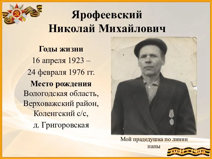 Ярофеевский Николай Михайлович Годы жизни 16 апреля 1923 – 24 февраля