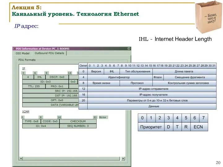 IP адрес: IHL - Internet Header Length Лекция 5: Канальный уровень. Технология Ethernet