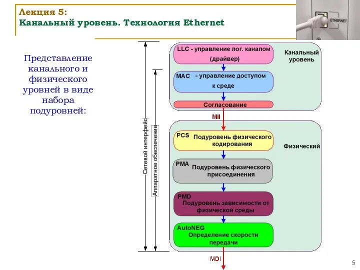 Лекция 5: Канальный уровень. Технология Ethernet Представление канального и физического уровней в виде набора подуровней: