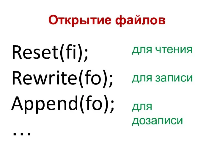 Открытие файлов Reset(fi); Rewrite(fo); Append(fo); … для чтения для записи для дозаписи