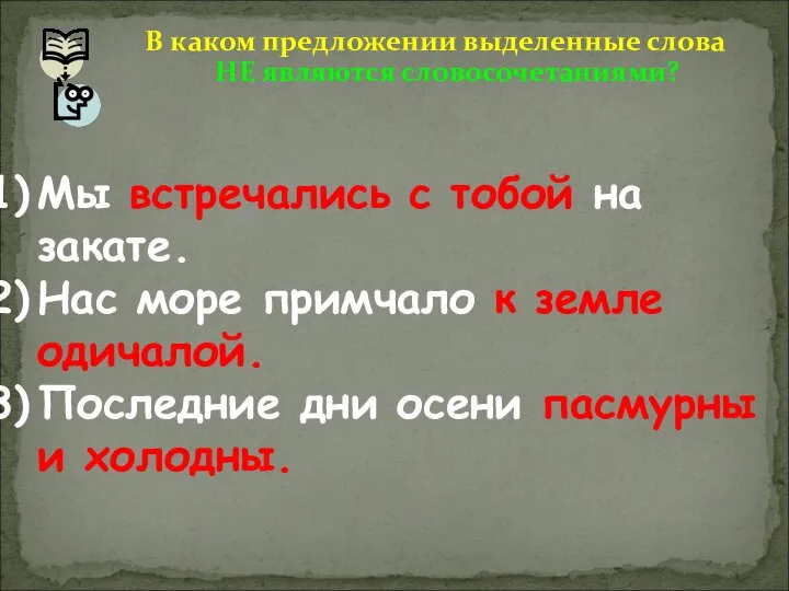 В каком предложении выделенные слова НЕ являются словосочетаниями? Мы встречались с