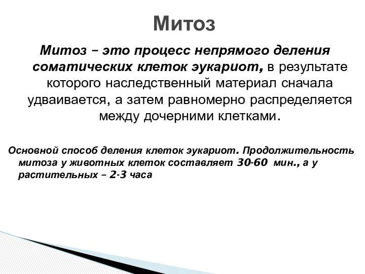 Митоз – это процесс непрямого деления соматических клеток эукариот, в результате