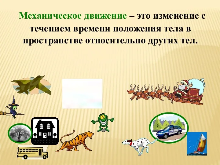 Механическое движение – это изменение с течением времени положения тела в пространстве относительно других тел.