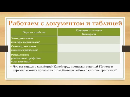 Работаем с документом и таблицей Что вы узнали о хозяйстве? Какой