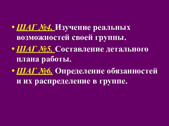 ШАГ №4. Изучение реальных возможностей своей группы. ШАГ №5. Составление детального