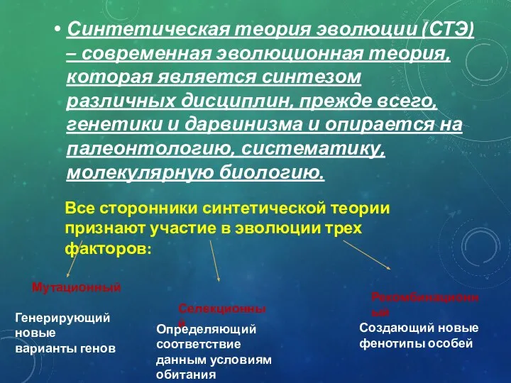 Синтетическая теория эволюции (СТЭ) – современная эволюционная теория, которая является синтезом