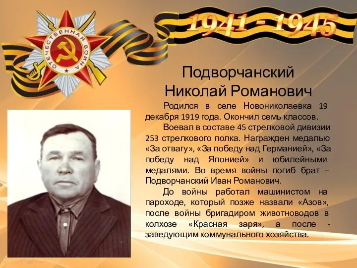 Подворчанский Николай Романович Родился в селе Новониколаевка 19 декабря 1919 года.