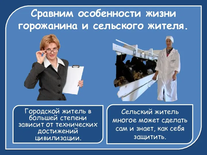 Сравним особенности жизни горожанина и сельского жителя. Городской житель в большей