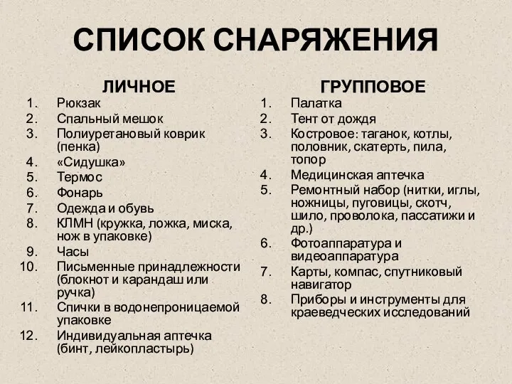 СПИСОК СНАРЯЖЕНИЯ ЛИЧНОЕ Рюкзак Спальный мешок Полиуретановый коврик (пенка) «Сидушка» Термос