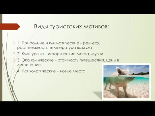 Виды туристских мотивов: 1) Природные и климатические – рельеф, растительность, температура