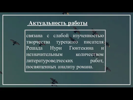 связана с слабой изученностью творчества турецкого писателя Решада Нури Гюнтекина и