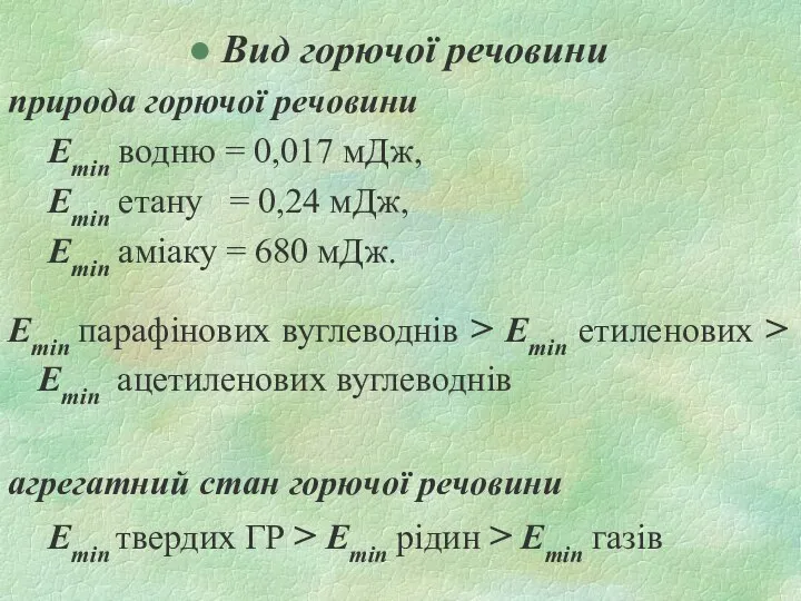 Вид горючої речовини природа горючої речовини Emin водню = 0,017 мДж,