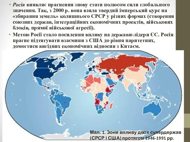 Росія виявляє прагнення знову стати полюсом сили глобального значення. Так, з