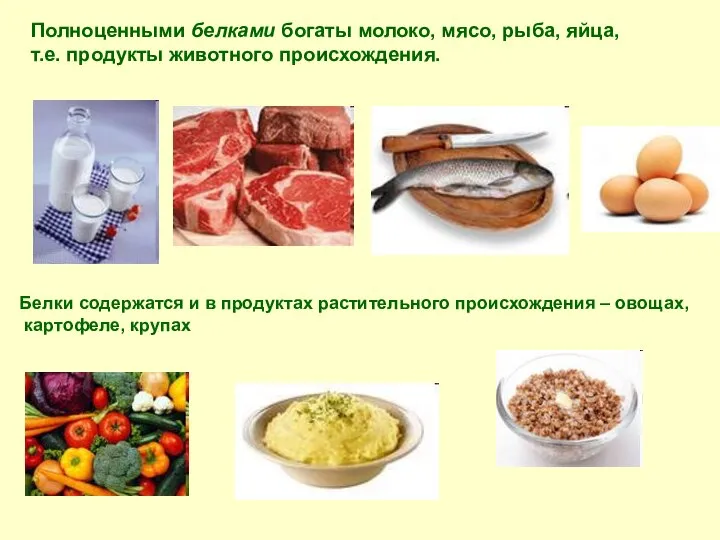 Полноценными белками богаты молоко, мясо, рыба, яйца, т.е. продукты животного происхождения.