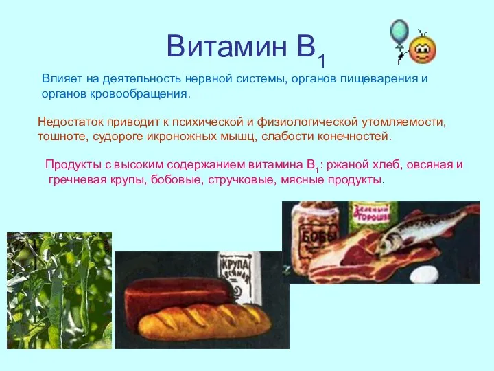 Витамин В1 Влияет на деятельность нервной системы, органов пищеварения и органов