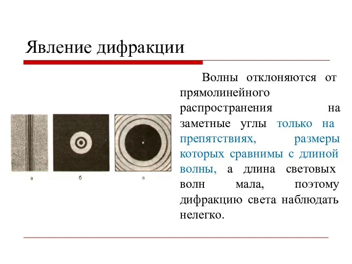 Явление дифракции Волны отклоняются от прямолинейного распространения на заметные углы только