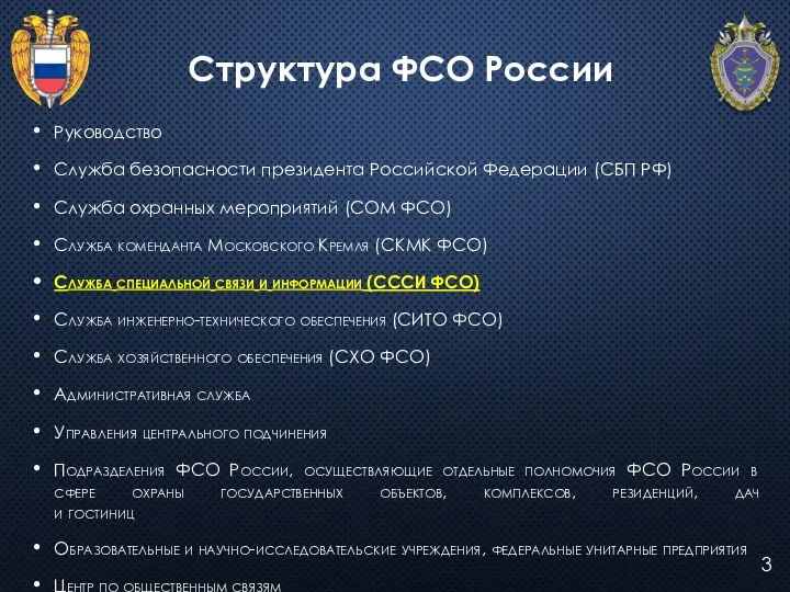 Руководство Служба безопасности президента Российской Федерации (СБП РФ) Служба охранных мероприятий