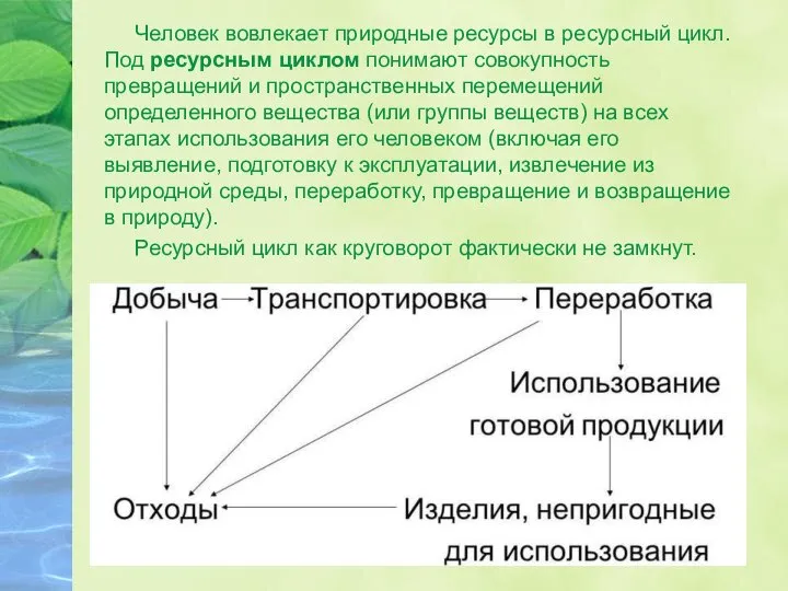 Человек вовлекает природные ресурсы в ресурсный цикл. Под ресурсным циклом понимают