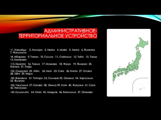 АДМИНИСТРАТИВНОЕ-ТЕРРИТОРИАЛЬНОЕ УСТРОЙСТВО 1. Хоккайдо 2. Аомори 3. Иватэ 4. Мияги 5.