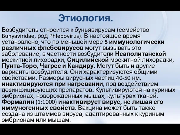 Возбудитель относится к буньявирусам (семейство Bunyaviridae, род Phlebovirus). В настоящее время