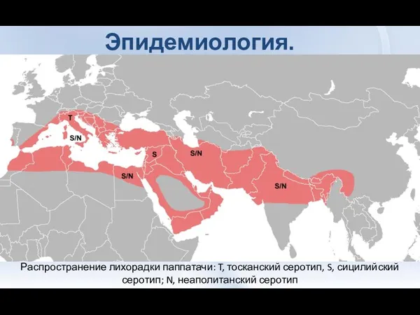 Эпидемиология. Распространение лихорадки паппатачи: T, тосканский серотип, S, сицилийский серотип; N, неаполитанский серотип