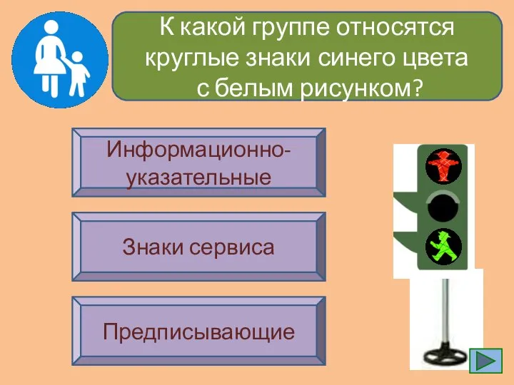 К какой группе относятся круглые знаки синего цвета с белым рисунком? Информационно-указательные Знаки сервиса Предписывающие