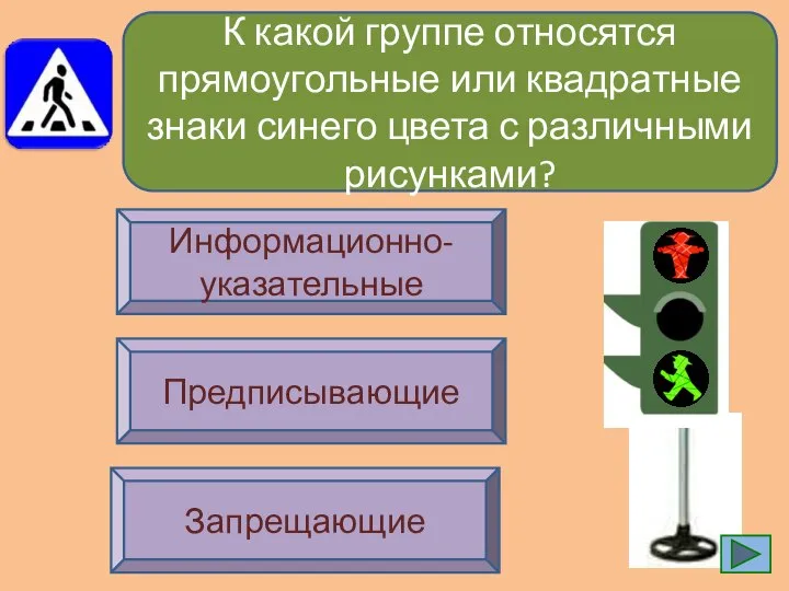 К какой группе относятся прямоугольные или квадратные знаки синего цвета с различными рисунками? Информационно-указательные Предписывающие Запрещающие