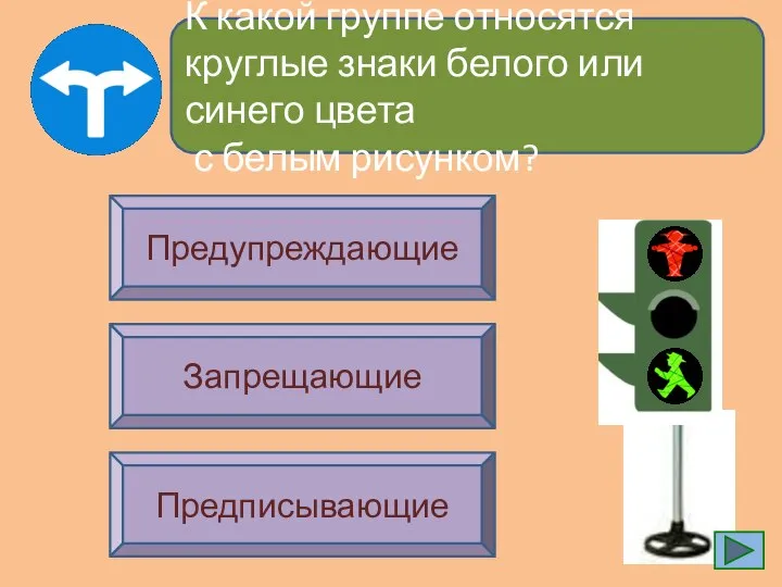 К какой группе относятся круглые знаки белого или синего цвета с белым рисунком? Предупреждающие Запрещающие Предписывающие