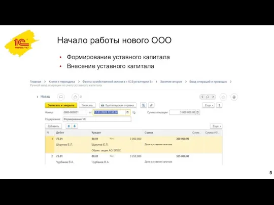 Начало работы нового ООО Формирование уставного капитала Внесение уставного капитала