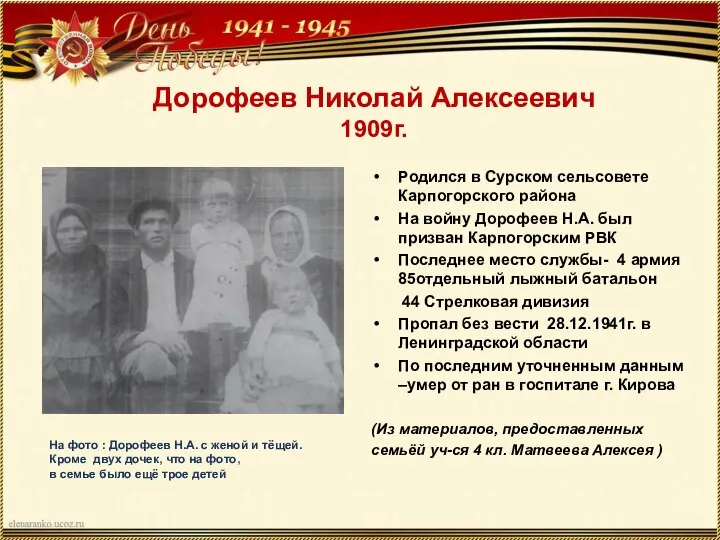 Дорофеев Николай Алексеевич 1909г. Родился в Сурском сельсовете Карпогорского района На