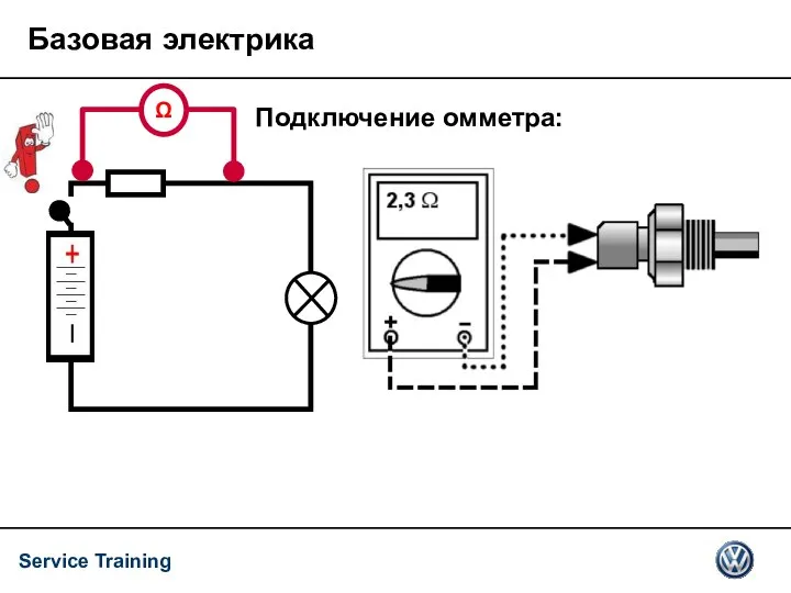 Базовая электрика Подключение омметра: Прибор подключается параллельно, цепь без напряжения. Перед