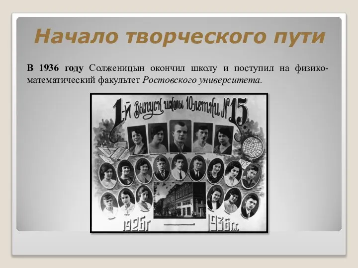 Начало творческого пути В 1936 году Солженицын окончил школу и поступил на физико-математический факультет Ростовского университета.