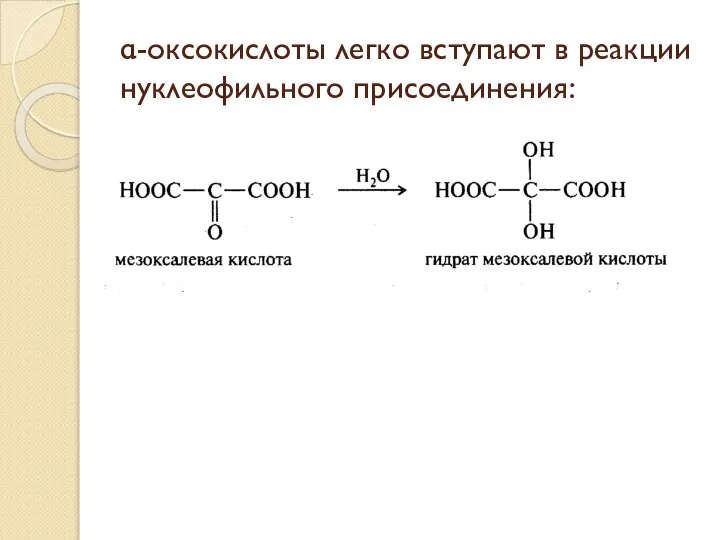 α-оксокислоты легко вступают в реакции нуклеофильного присоединения: