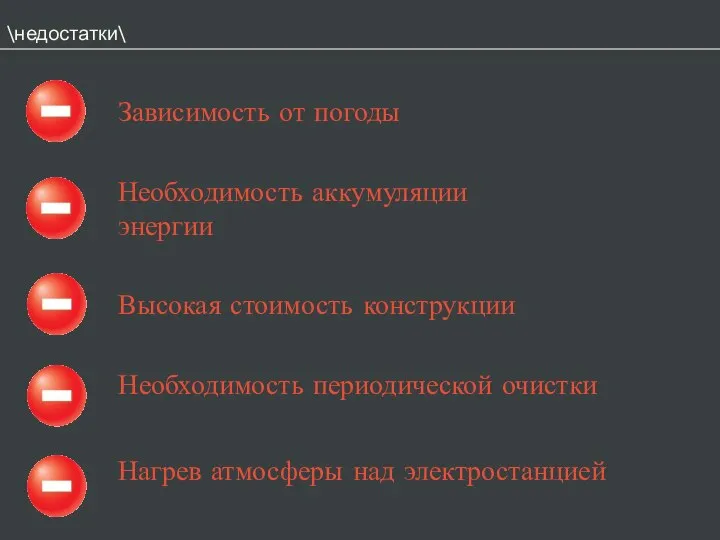 \недостатки\ Зависимость от погоды Необходимость аккумуляции энергии Высокая стоимость конструкции Необходимость