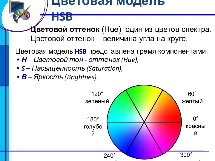Цветовая модель HSB Цветовой оттенок (Hue) один из цветов спектра. Цветовой
