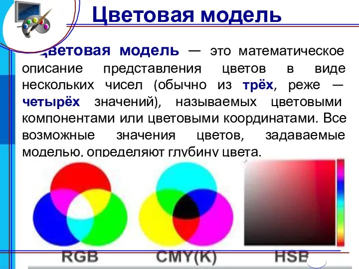 Цветовая модель — это математическое описание представления цветов в виде нескольких