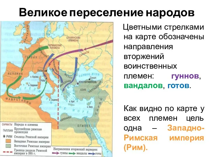 Великое переселение народов Цветными стрелками на карте обозначены направления вторжений воинственных