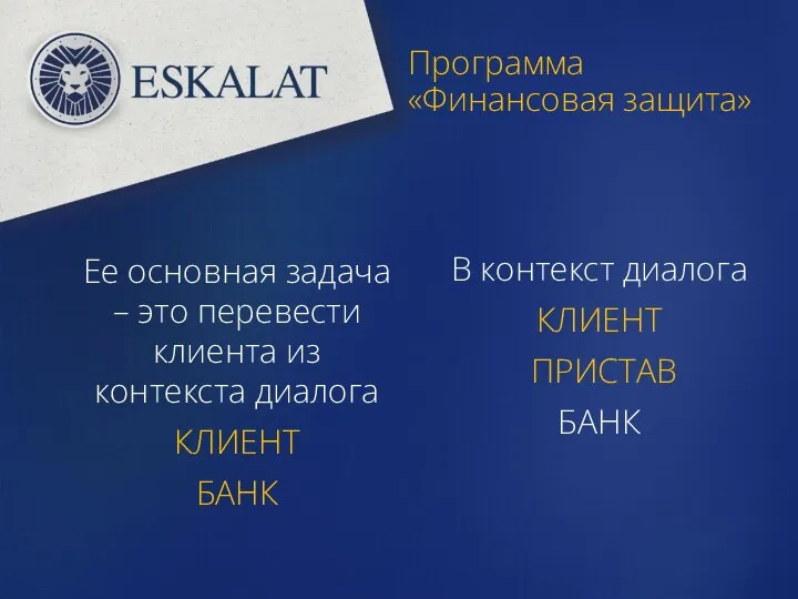 Программа «Финансовая защита» Ее основная задача – это перевести клиента из