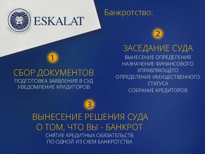 Банкротство: СБОР ДОКУМЕНТОВ ПОДГОТОВКА ЗАЯВЛЕНИЯ В СУД УВЕДОМЛЕНИЕ КРИДИТОРОВ ЗАСЕДАНИЕ СУДА