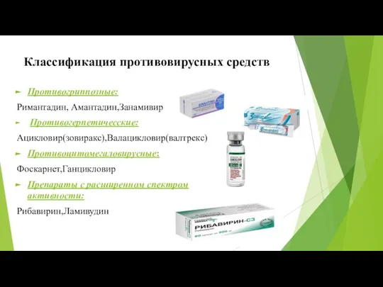 Классификация противовирусных средств Противогриппозные: Римантадин, Амантадин,Занамивир Противогерпетичесские: Ацикловир(зовиракс),Валацикловир(валтрекс) Противоцитомегаловирусные: Фоскарнет,Ганцикловир Препараты с расширенном спектром активности: Рибавирин,Ламивудин