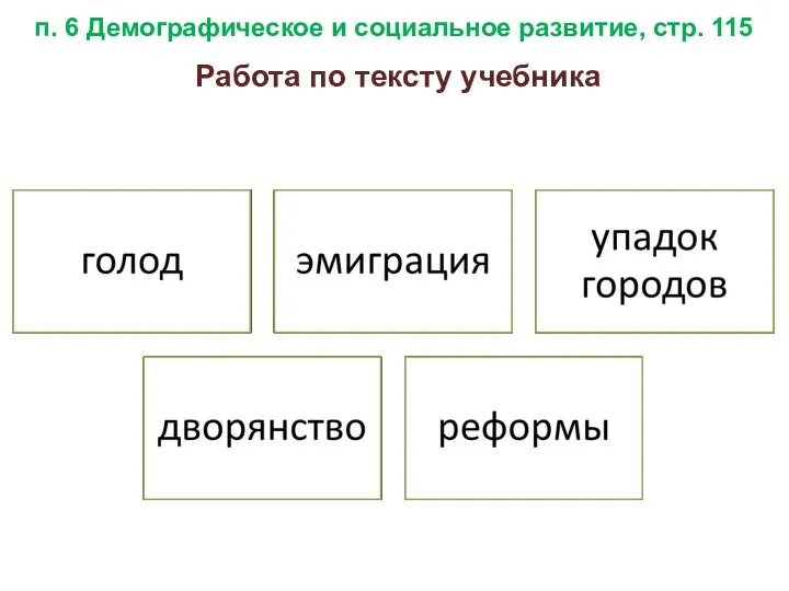 п. 6 Демографическое и социальное развитие, стр. 115 Работа по тексту учебника