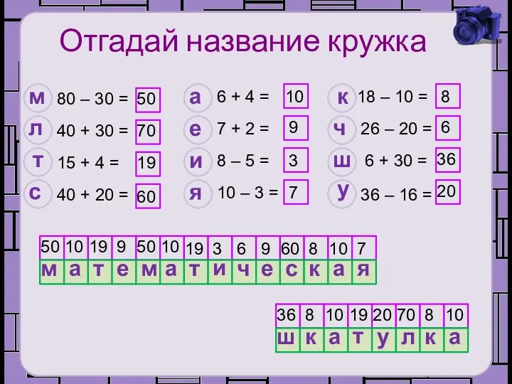 Отгадай название кружка 80 – 30 = 40 + 30 =