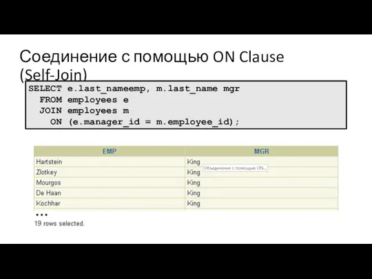 Соединение с помощью ON Clause (Self-Join) SELECT e.last_nameemp, m.last_name mgr FROM