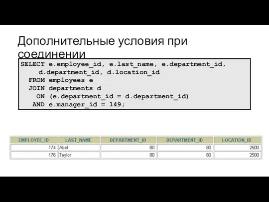 Дополнительные условия при соединении SELECT e.employee_id, e.last_name, e.department_id, d.department_id, d.location_id FROM